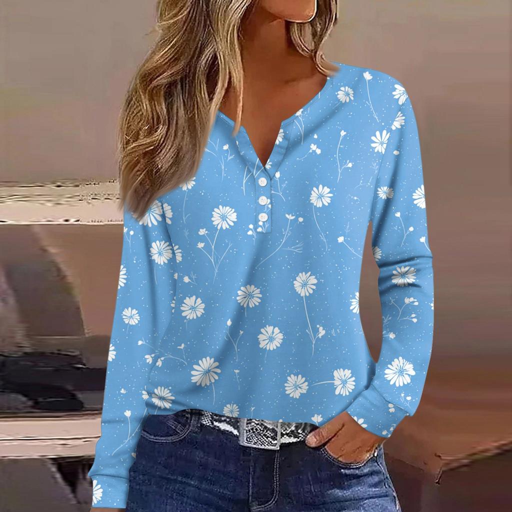 Dámské tričko Tričko Knoflíček Dlouhý rukáv Denní víkendová móda Basic Top s výstřihem do V