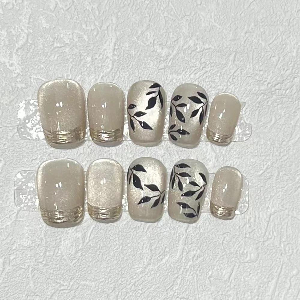Summer Sweetheart Handmade Full Cover False Nails Kawaii Cartoon Cat Flower Cat Eye Short Square Reusable Fake Nail Stickers