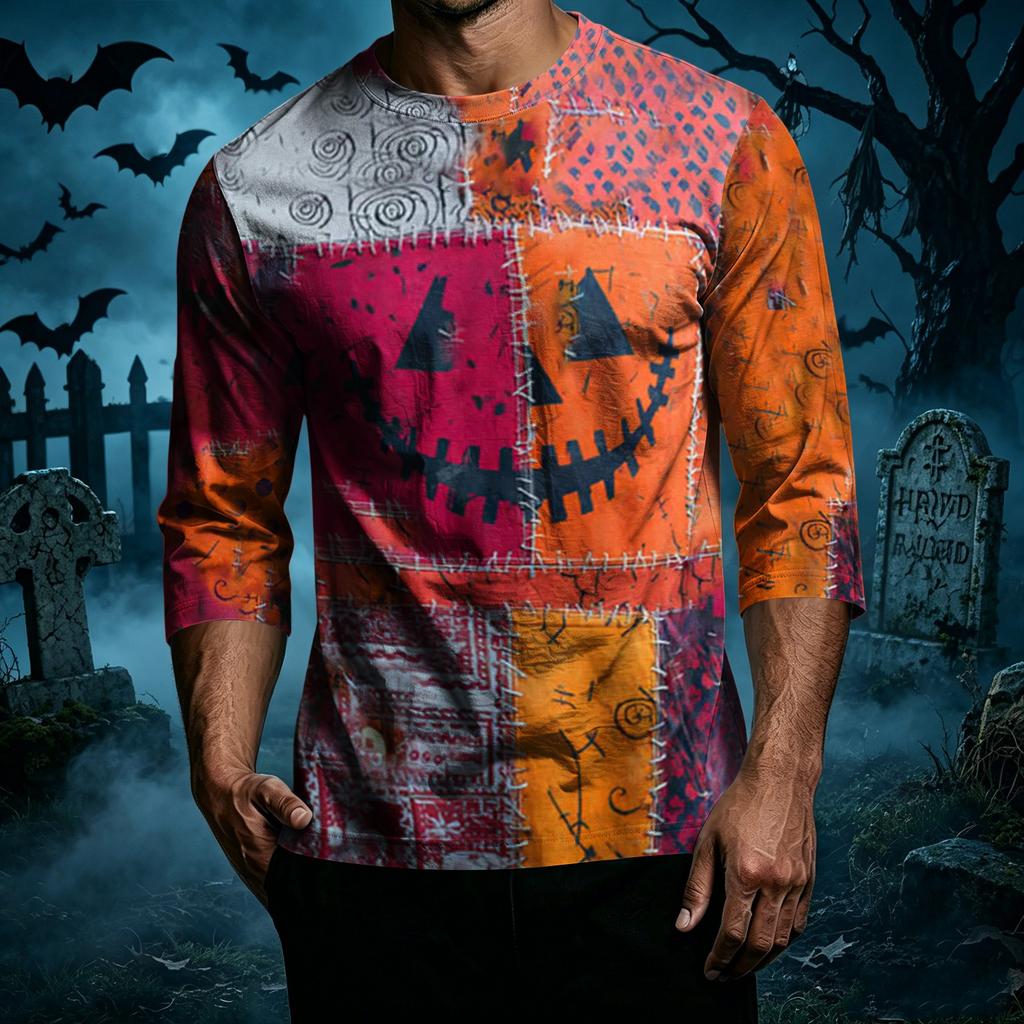 Men Casual Halloween Print Crew Neck T Shirt Three Quarter Sleeve Top Patchwork Style Comfortable Fit Lightweight Fabric