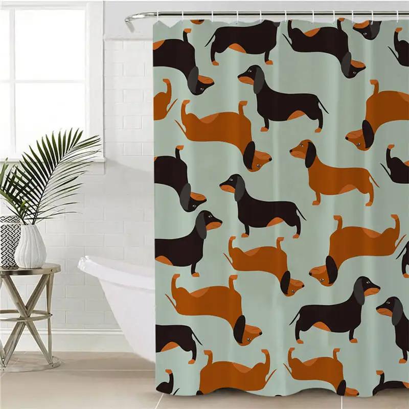 Dachshund Cartoon Dog Shower Curtain Polyester Waterproof Curtain Geometric Striped Kids Bath Curtain Home Decor with Hooks