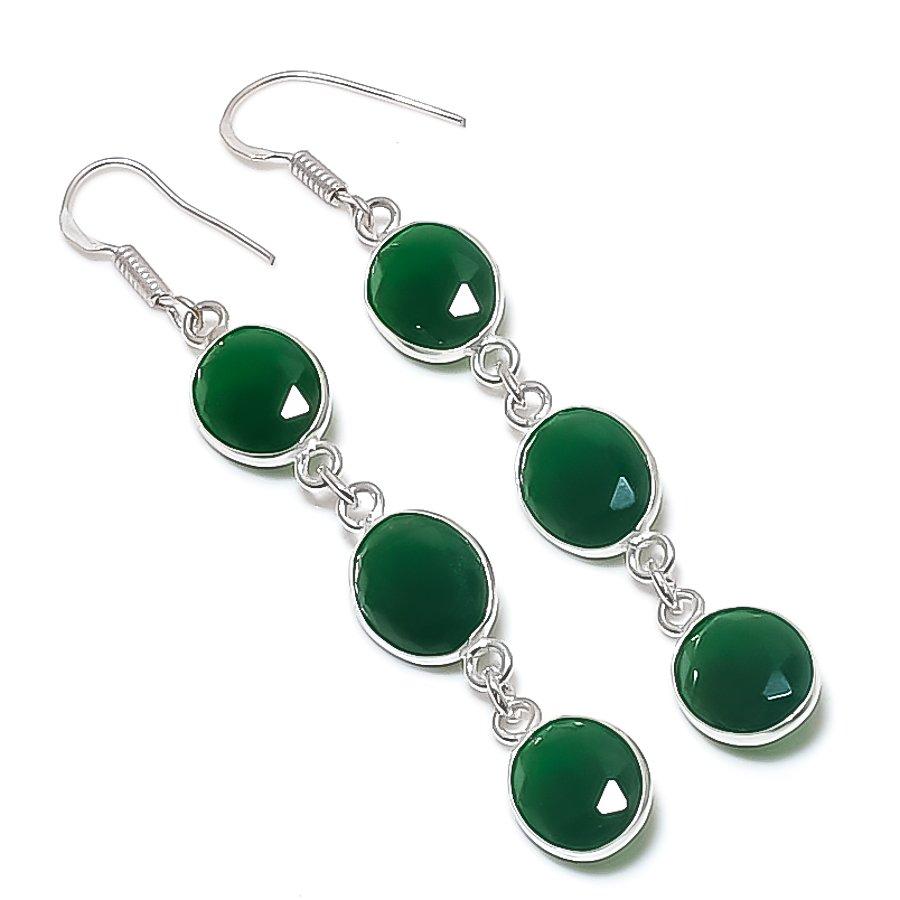 Natural Green Onyx Gemstone Handmade 925 Sterling Silver Earring 2.96" r4M85