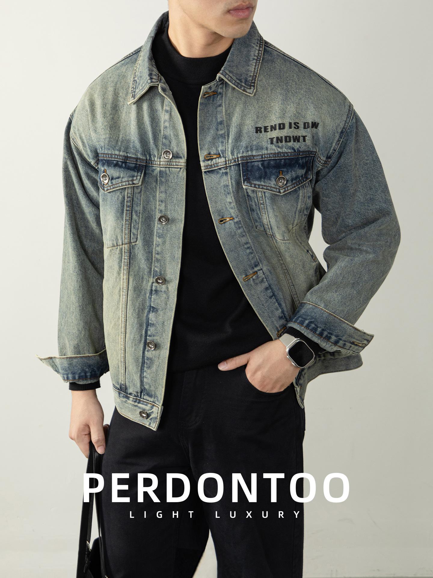 

Men s American Vintage Washed Denim Jacket with 3D Hot Stamping Design - Autumn/Winter Casual Style L синій