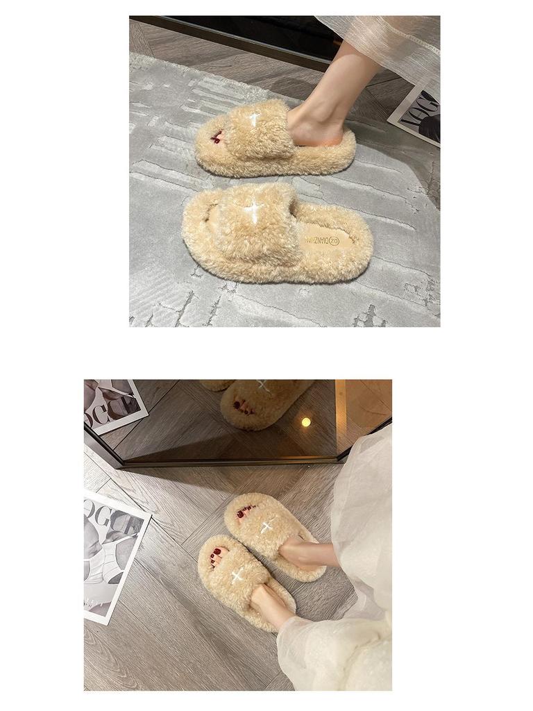 Damen 2024 Trendige Fuzzy Cross Hausschuhe - Dicke Sohle Lammwolle für Innen-/Außenbereich