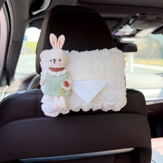 Cute Car Tissue Box Holder Soft Plush Rabbit Hanging Paper Dispenser Universal Auto Seat Back Organizer for Home Car Office