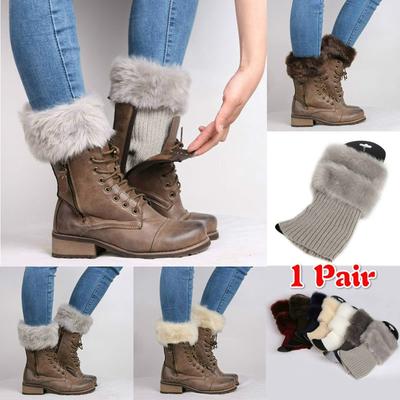 Damen Winter Warm Häkelstrick Pelzbesatz Stulpen Stulpen Toppers Stiefelsocken