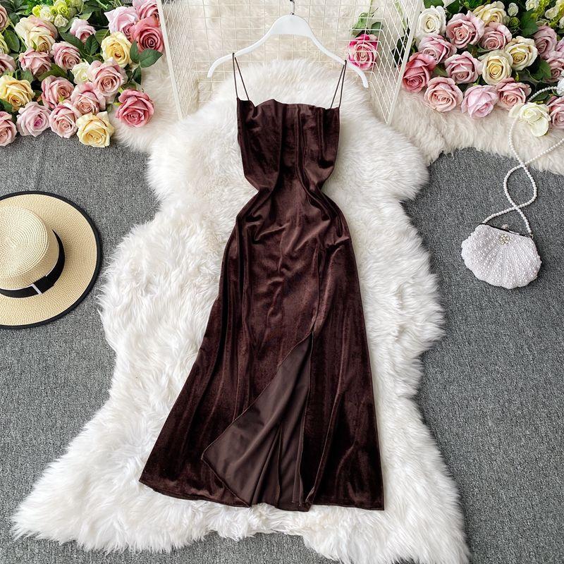 

Autumn and Winter Velvet New Arrival Retro Sexy Sling Dress Tube Top Dark brown M