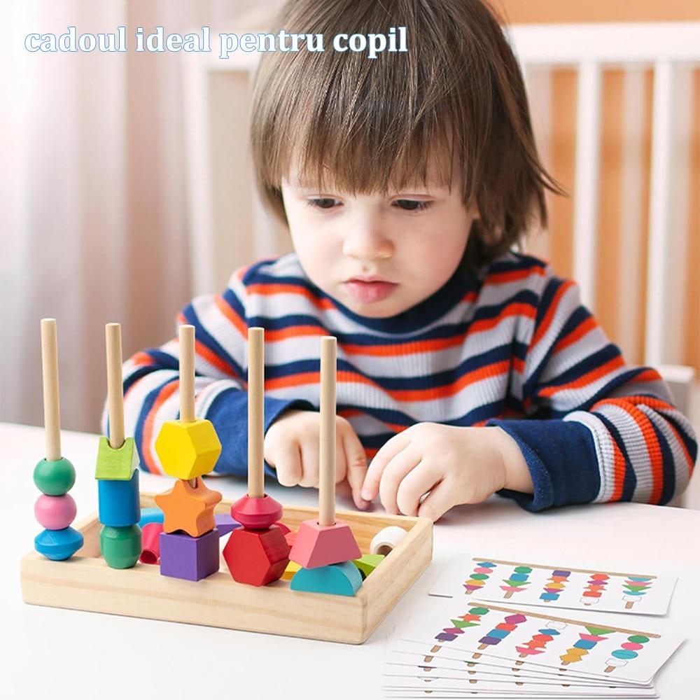 Montessori Bead Sequencing Set, Wooden Bead Toys for Toddlers, Color Matching Shape Stacker, Educational Toys for Preschool Learning Ages 2-5