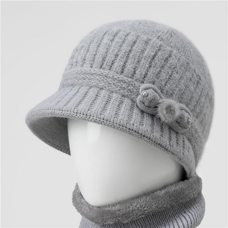 Warm Knitted Beanie Hat Women Seniors Winter Soft Rabbit Hair Cap With Wide Brim Adjustable Fit