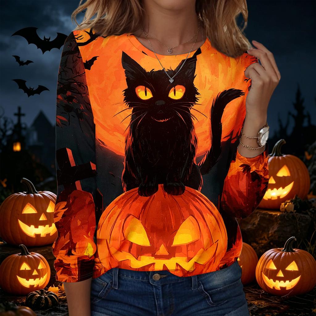 Women's Fashion Casual Long Sleeve Halloween Print Pullover Sweatshirt Crew Neck Top Comfortable Fit Seasonal Style