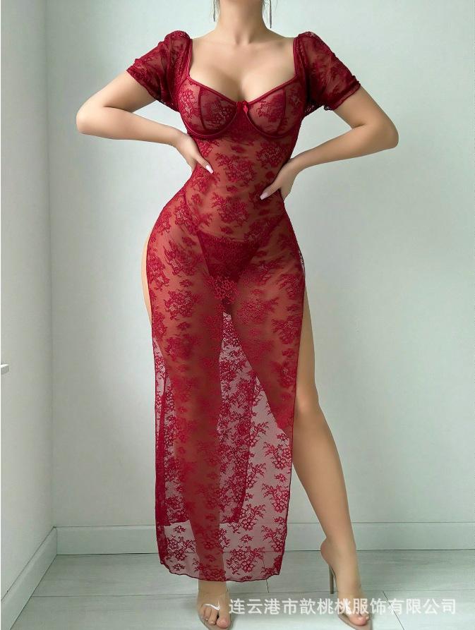 European and American Large-size Sex Underwear Lace Perspective Mesh Suspender Temptation Slit Dress