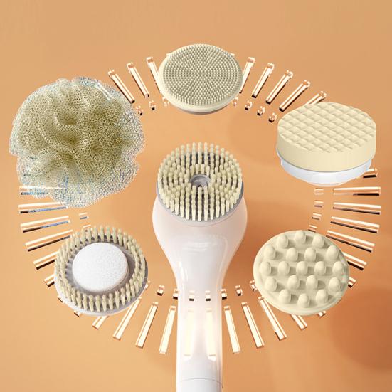 Electric Back Scrubber with 6 Brush Heads Waterproof 360 Degrees Rotation Long Handle Shower Brush Rechargeable Bath Tool for Exfoliation Massage