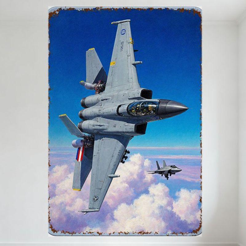 Vintage Military Jet Fighter Plane Tin Sign Metal Poster for Bar Pub Home Cafe Wall Decor, Gray Aerodynamic Jet with Twin Engine
