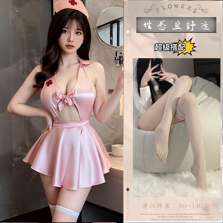 Sexy deep V neck lingerie COS nurse uniform lapel big halter nurse flirting pajama set
