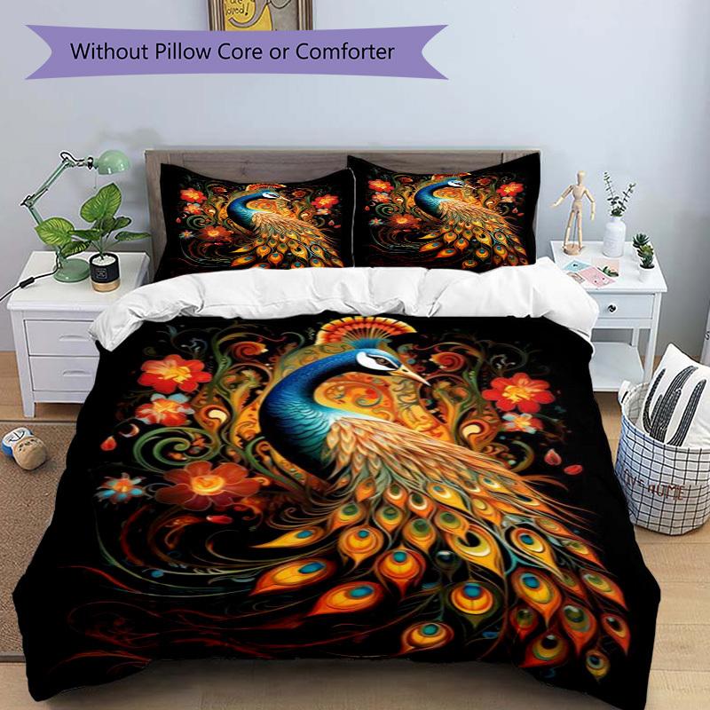 3pcs Peacock, Floral Duvet Cover Set -Includes 1 Duvet Cover and 2 Pillowcases, No Quilt Core, All-Season Home Decor  yy251111101