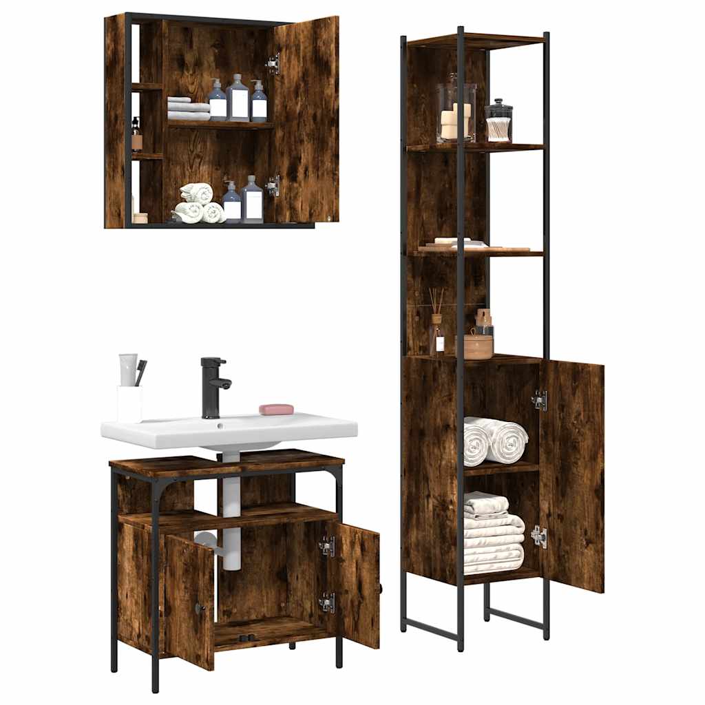 3 Piece Bathroom Furniture Set Smoked Oak Wood Based Material