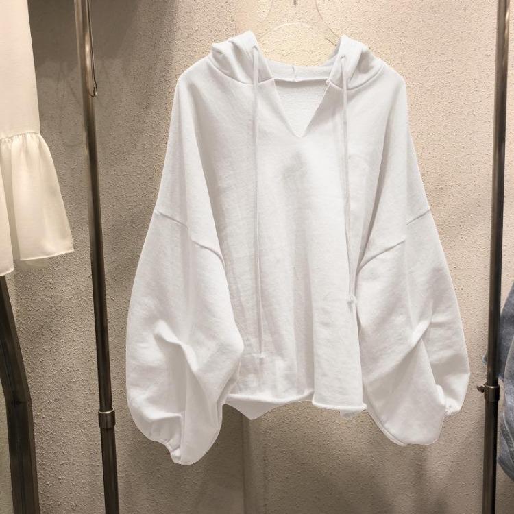 

Жіночий вільний тонкий бавовняний светр з капюшоном з V-подібним вирізом у корейському стилі, однотонний, для весни та осені L білий