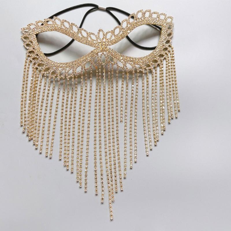 Tassel Veil Mask for Rhinestone Mask Chain Masquerade Face Mask for Creative Crystal Cats Eye Fringe Mask with Elasti