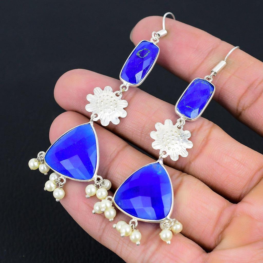 Sterling Silver Third Eye Chakra Blue Sapphire Gemstone Drop Dangle New Earrings