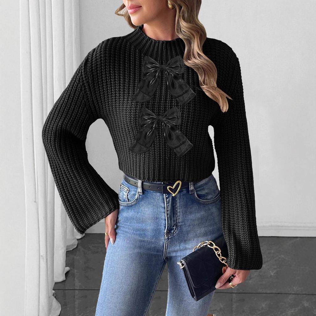 Suéter Crop Top Corto con Lazo y Mangas Acampanadas, Suéter Jersey de Cuello Semialto para Mujer