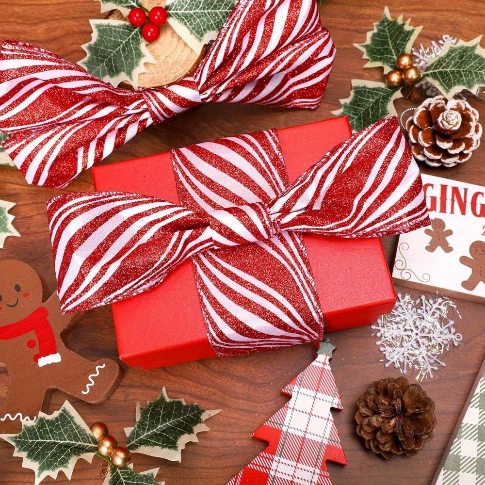 2pcs Red White Striped Christmas Ribbon with Wired Edge DIY Craft Gift Wrapping Wreath Bows Holiday Decorations 5 Yards Each Wired Ribbon for Wreaths