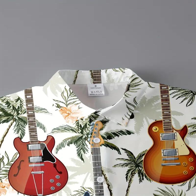 Frühlings- und Sommer-Herrenmode Hemd mit modischem Kragenmuster und kurzen Ärmeln, gepaart mit modischem Gitarrenprint, geeignet für Sommer- und Freizeitkleidung