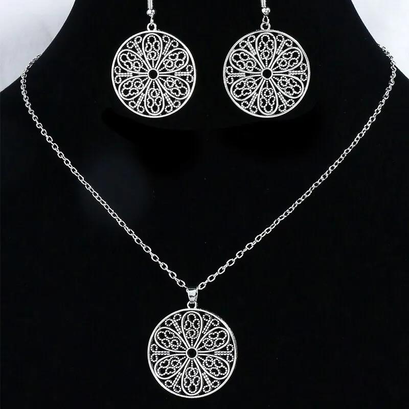 Vintage Boho Ethnic Jewelry Sets for Women Silver Hollow Filigree Round Feather Turquoise Pendant Necklace Earrings Set