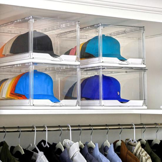Cap Box Organizer Transparent Design Hat Holder with Sliding Tray Stackable Storage Case with Magnetic Door