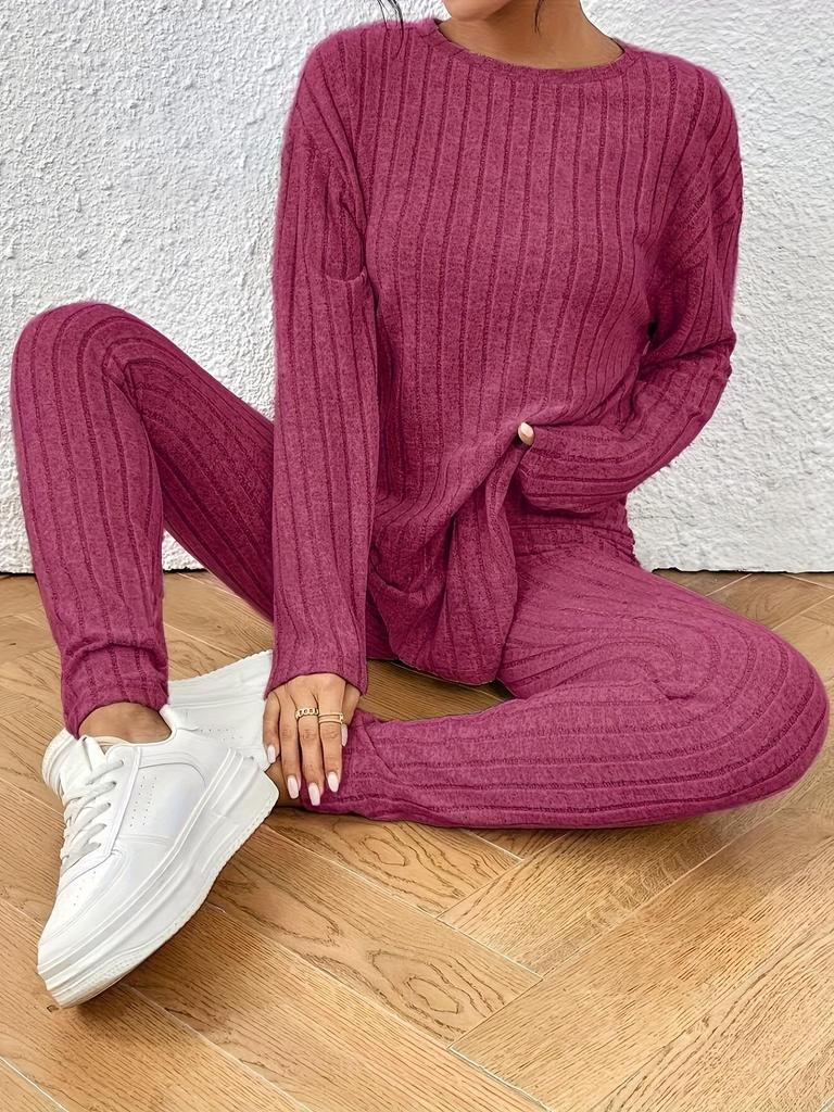 2025 Autumn Women's Casual European & American Knit Suit Set - Loose, Round Neck, Ribbed Design