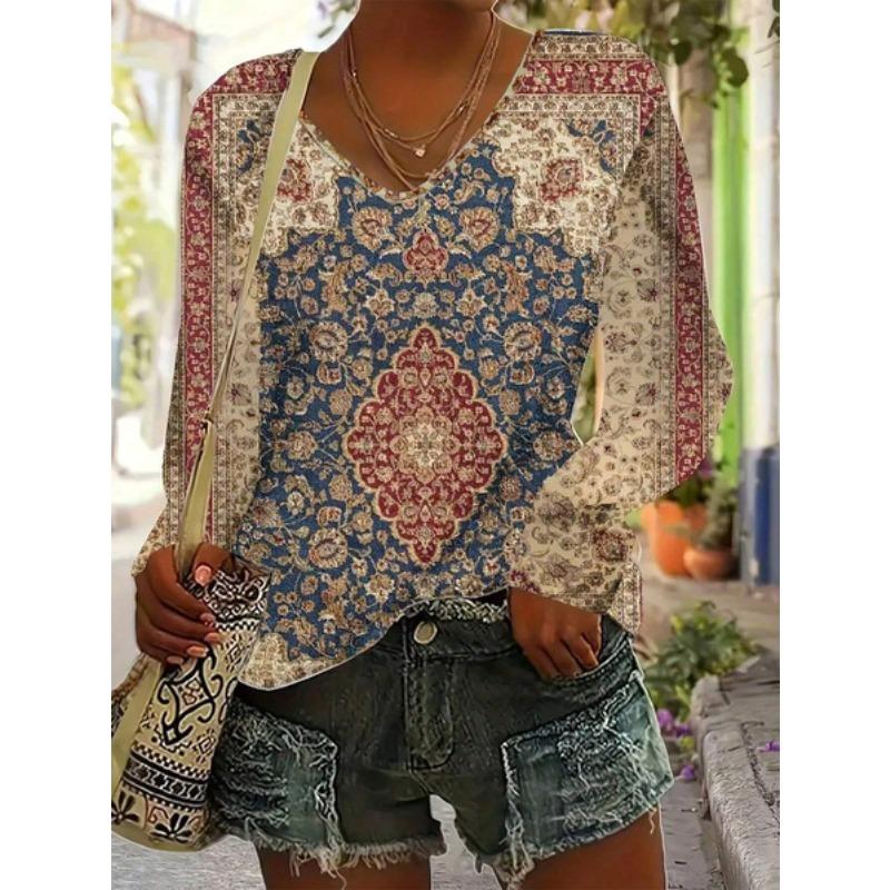 

V-образный вырез 3D принтованный топ ретро модные повседневные длинные рукава женские футболки S