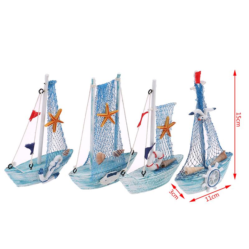 1PCS Mediterranean Style Marine Nautical Wooden Blue Sailing Boat Ship Wood Crafts Ornaments Party  Home Decoration