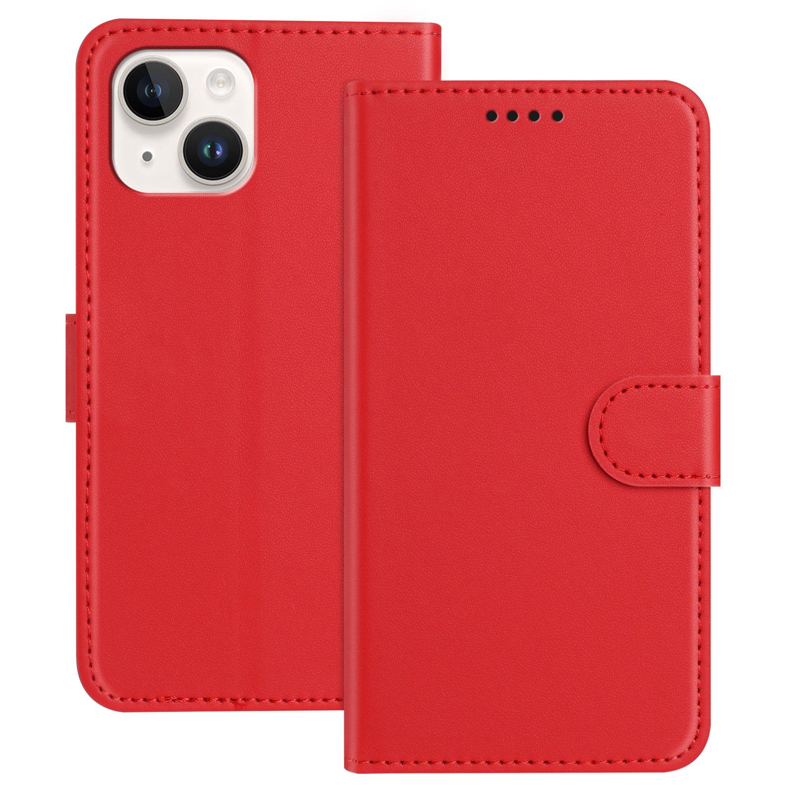 

For iPhone 15 Leather Case Wallet Stand Solid Color Anti Drop Phone Cover Red