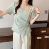 Irregular summer bottoming shirt large size women's short drawstring T-shirt short sleeve T-shirt round neck niche v-neck strap French