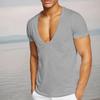 Men T-shirt Deep V Neck Solid Color Slim Fit Pullover Thin Workout Sweat Absorption Mid Length Sports Top Men Clothes