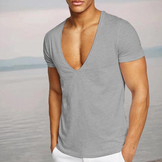 Men T-shirt Deep V Neck Solid Color Slim Fit Pullover Thin Workout Sweat Absorption Mid Length Sports Top Men Clothes