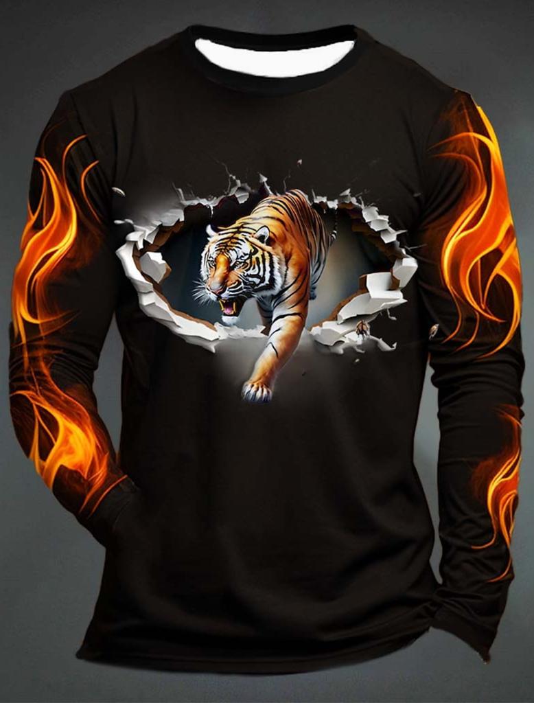 3D Printed Flame Scratch Pattern 3D Printed Autumn Men's Crew Neck T-Shirt Casual Long Sleeve Oversized Pullover Fashion Tops
