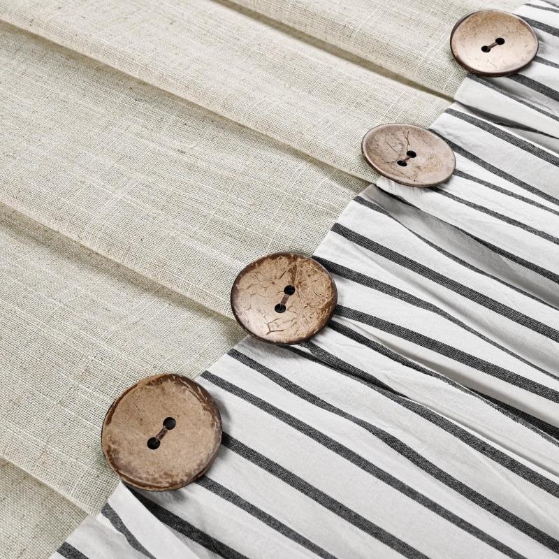 Farmhouse Shower Curtain,Beige and Black Stripe,Button Curtain,Linen and Cotton Woven Fabric,Rustic Charm Country Chic Style