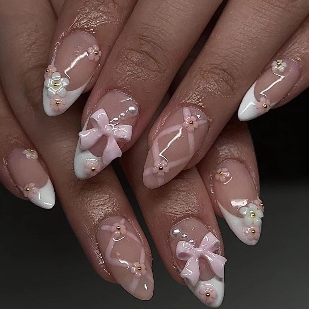 

French Pink Bowknot Floral False Nails with Steel Beads