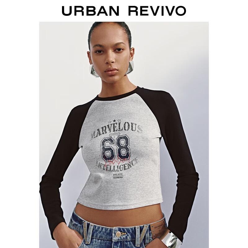 UR 2025 Women's Retro Print Color-block Slim-fit T-shirt