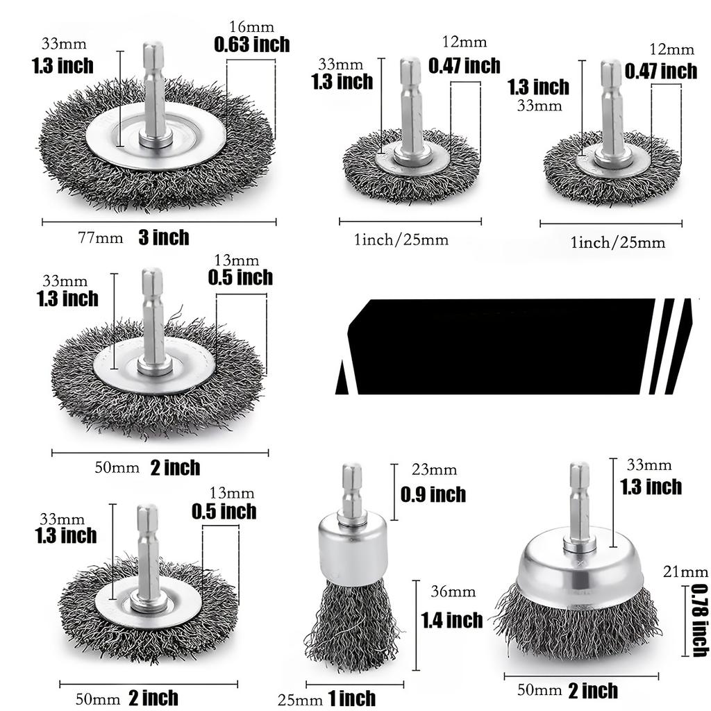 Wire Brush Wheel Cup Brush Set 9 Pack,Wire Brush for Drill 1/4 Inch Hex Shank 0.012 Inch Coarse Carbon Steel Crimped Wire Wheel