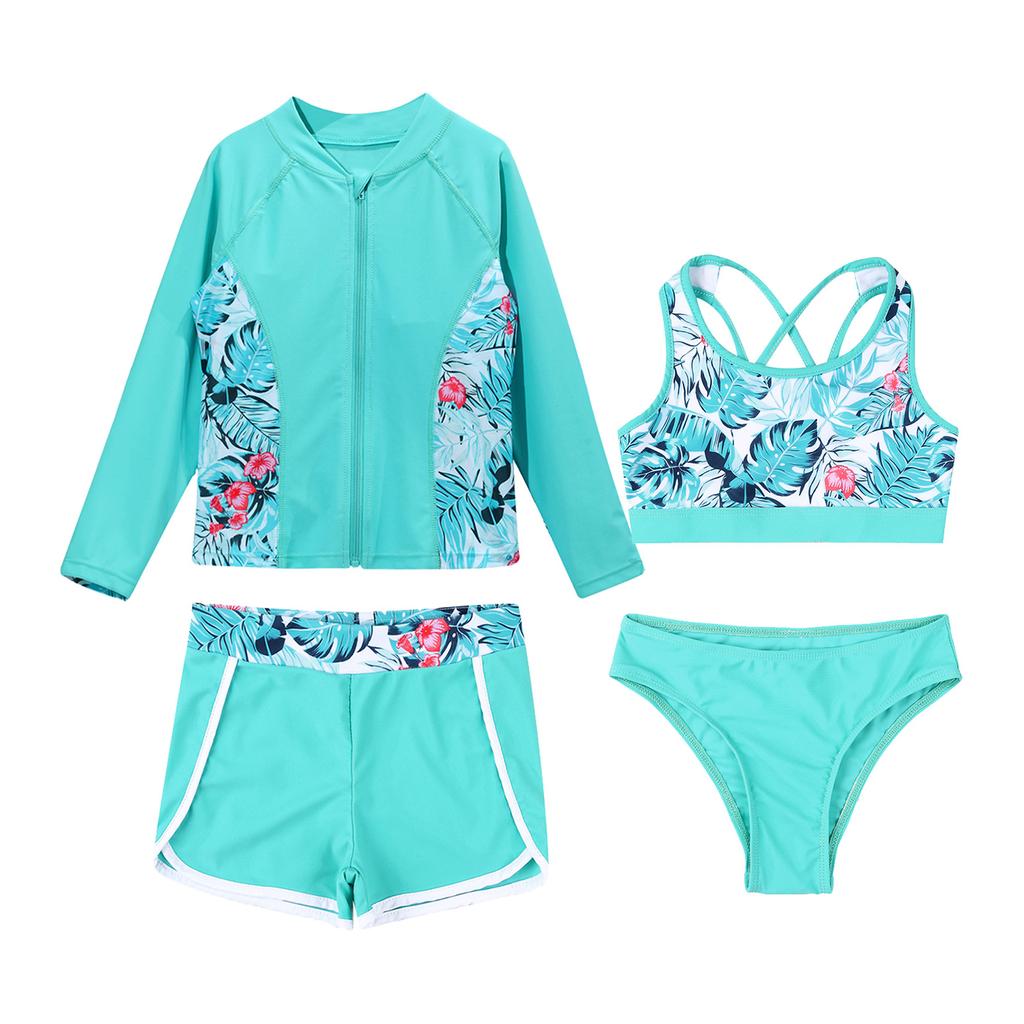 4 ΤΕΜ Παιδικά Σετ Κοριτσίστικα Μαγιό Μπροστινά Εξωτερικά Ενδύματα με Φερμουάρ με Αμάνικο Μπλουζάκι Πίσω και Σορτσάκι Σορτς για κολύμπι Be