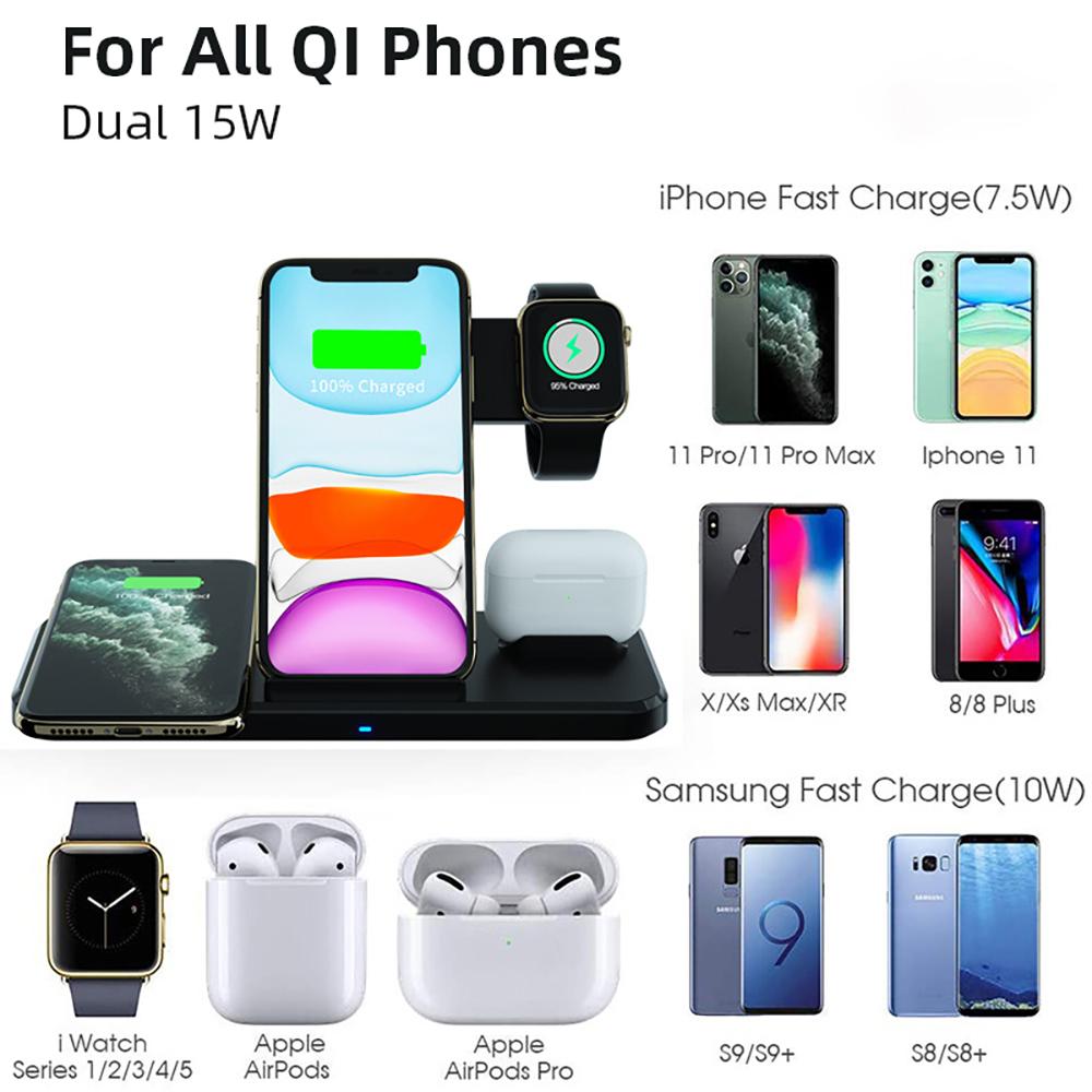 15W faltbares 4-in-1-Dual-Seat-QI-Wireless-Ladegerät für iPhone Samsung Schnellladestation für Apple Watch Airpods Pro