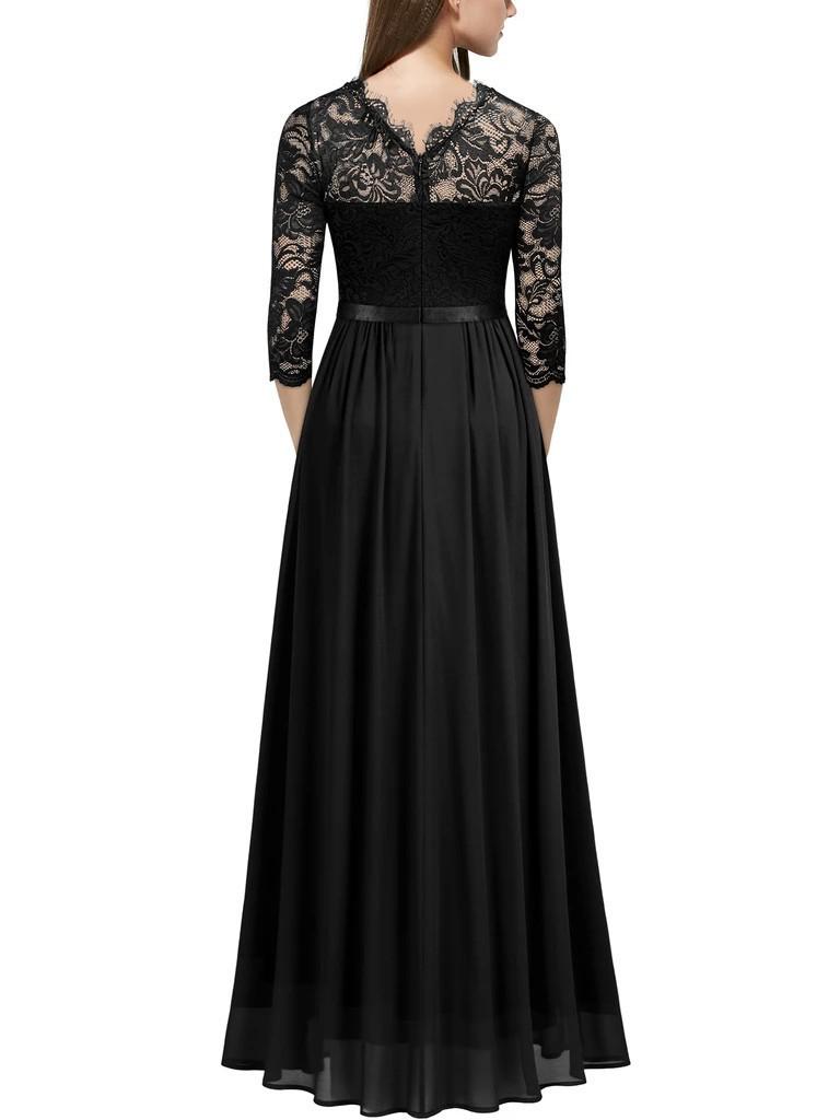 European Style Chiffon Lace Long Evening Dress - Women's Round Neck Gown