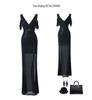 Chic Strappy Low-Cut Evening Gown with High Slit