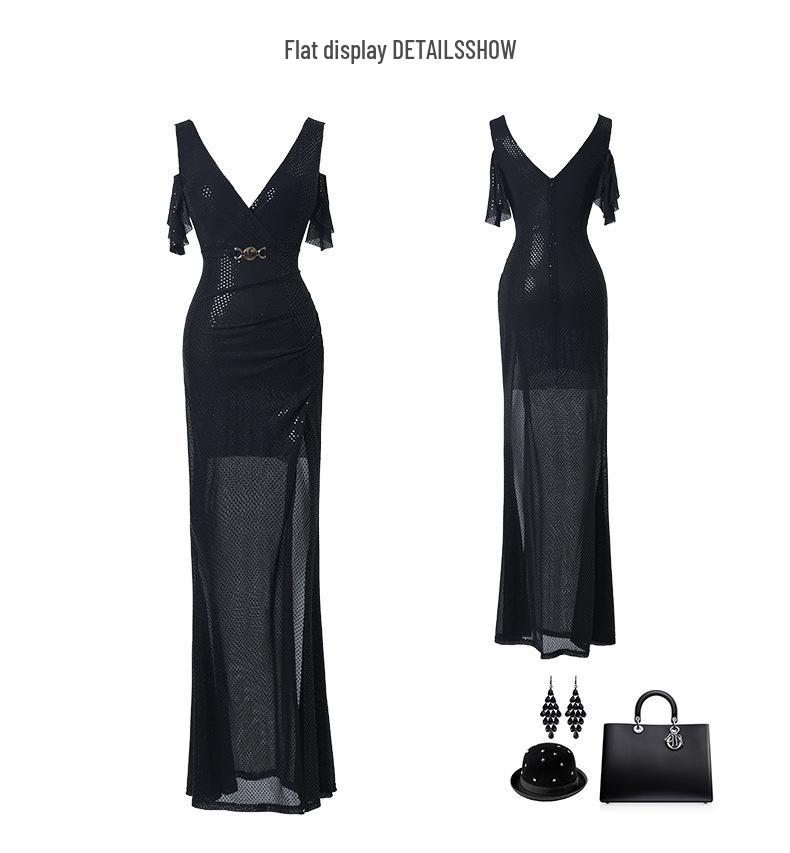 Chic Strappy Low-Cut Evening Gown with High Slit
