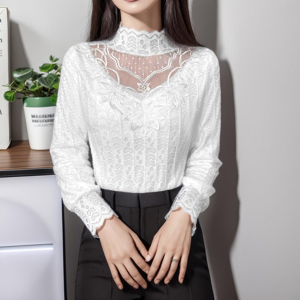 Women s High Neck Winter Mesh Lace Fleece-Lined Top 3XL