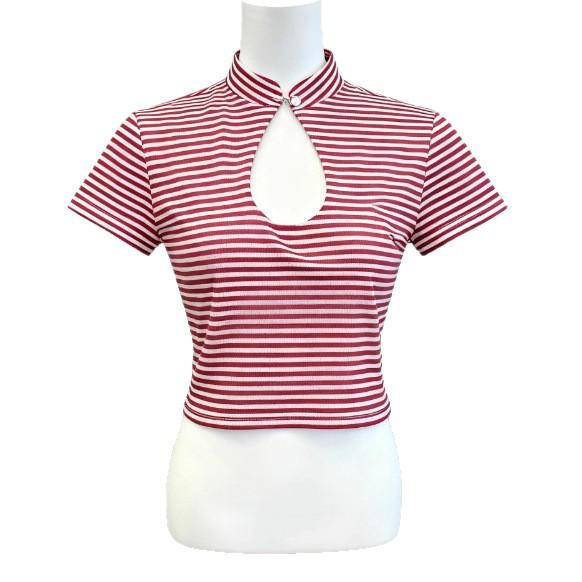 

2025 Summer Sweet & Spicy Red-White Striped Hollow Slim-Fit Short Sleeve Medium червоний