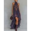 Women's Halter Neck Sleeveless Maxi Dress Loose Fit Mid Waist Bohemian Embroidered Asymmetric Dress