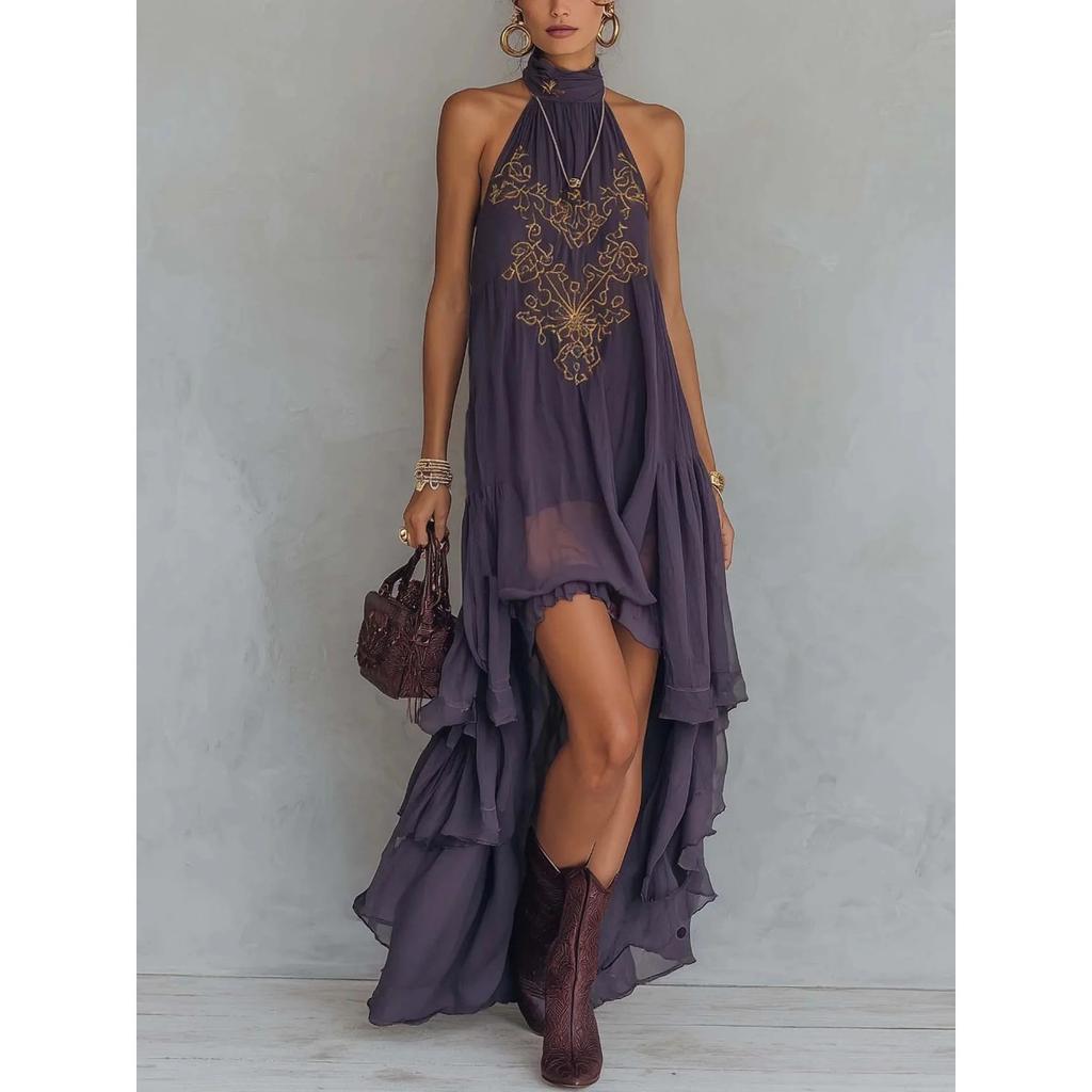 Women's Halter Neck Sleeveless Maxi Dress Loose Fit Mid Waist Bohemian Embroidered Asymmetric Dress