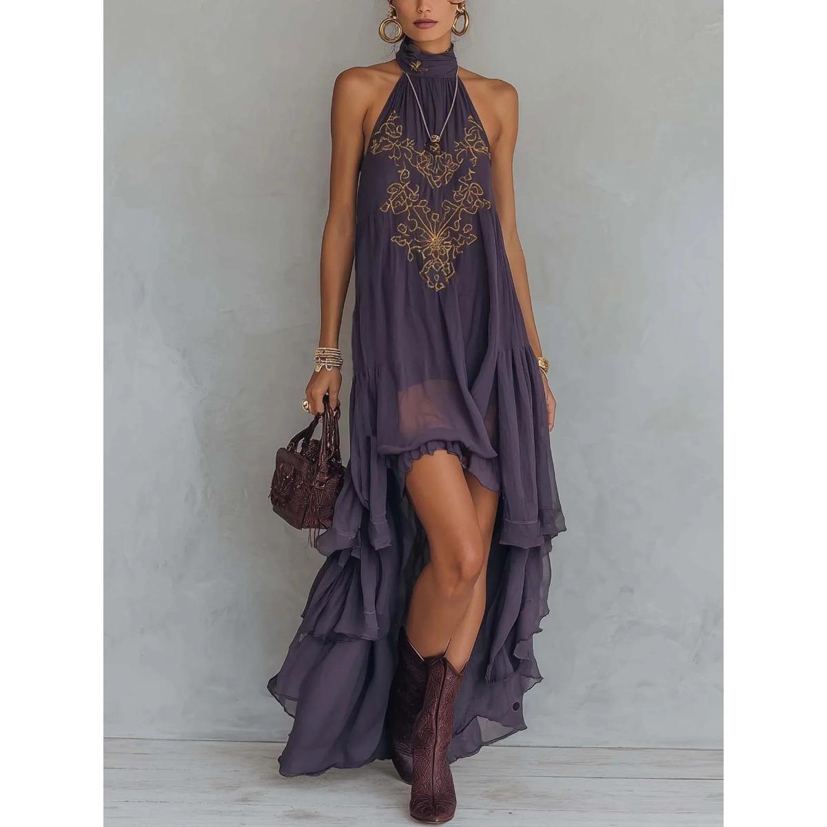 Women s Halter Neck Sleeveless Maxi Dress Loose Fit Mid Waist Bohemian Embroidered Asymmetric Dress S темно-фиолетового