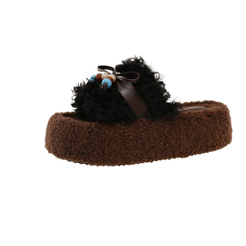 

Fashion Women Platform Plush Shoes Autumn Winter Outdoor Non Slip Vintage Cotton Slippers Fashion Bow Knot Height Increase Casual Shoes 35 чёрный